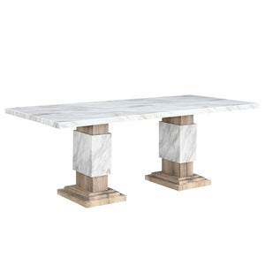 82 Inch Faux Marble Top Dining Table with Dual Pedestal Wood Base Seats Eight