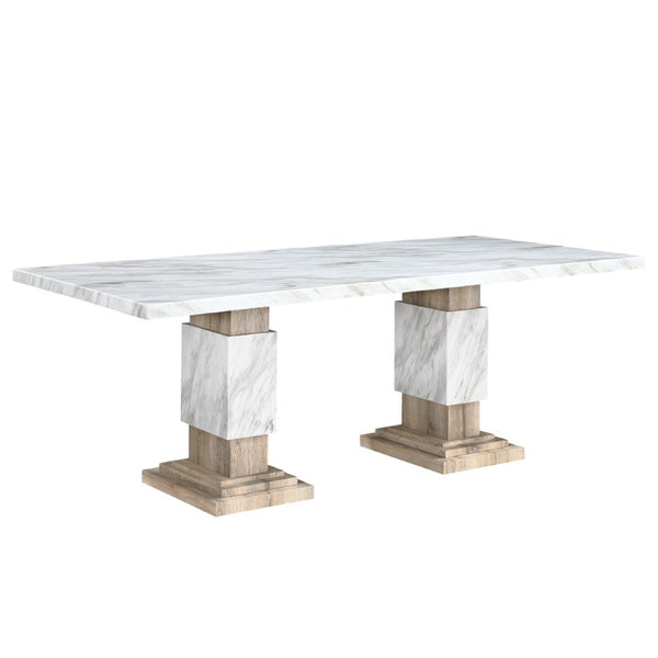 82 Inch Faux Marble Top Dining Table with Dual Pedestal Wood Base Seats Eight