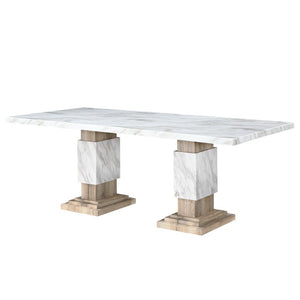 82 Inch Faux Marble Top Dining Table with Dual Pedestal Wood Base Seats Eight