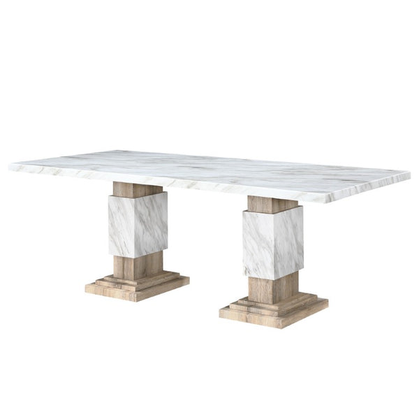 82 Inch Faux Marble Top Dining Table with Dual Pedestal Wood Base Seats Eight