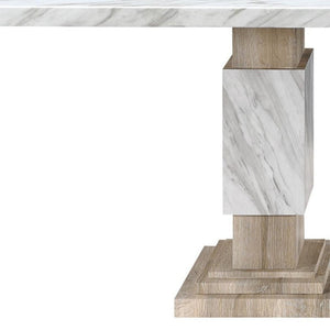 82 Inch Faux Marble Top Dining Table with Dual Pedestal Wood Base Seats Eight