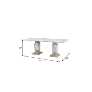 82 Inch Faux Marble Top Dining Table with Dual Pedestal Wood Base Seats Eight