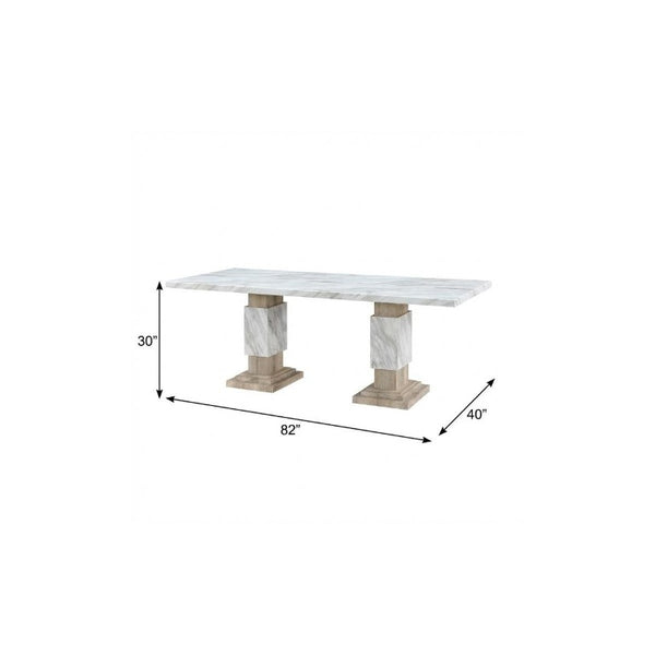 82 Inch Faux Marble Top Dining Table with Dual Pedestal Wood Base Seats Eight