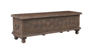 HomeRoots 54 Inch Solid Wood Medallion Tufted Storage Ottoman Elegant Living Room Bench Seat Decor Brown 642285