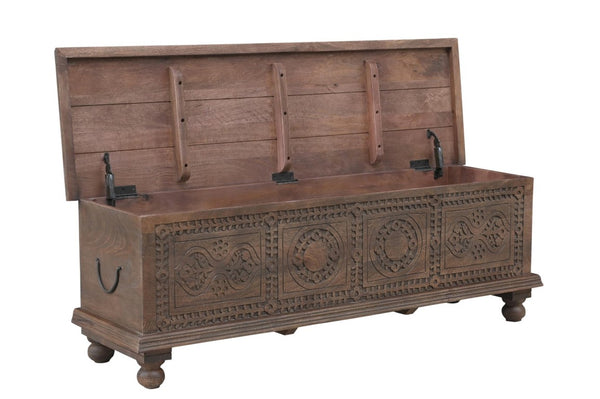54 Inch Solid Wood Medallion Tufted Storage Ottoman Elegant Living Room Bench Seat Decor