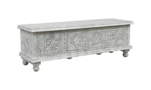 54 Inch Solid Wood Medallion Tufted Storage Ottoman Elegant Living Room Bench Seat Decor
