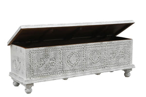 54 Inch Solid Wood Medallion Tufted Storage Ottoman Elegant Living Room Bench Seat Decor