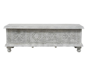 54 Inch Solid Wood Medallion Tufted Storage Ottoman Elegant Living Room Bench Seat Decor