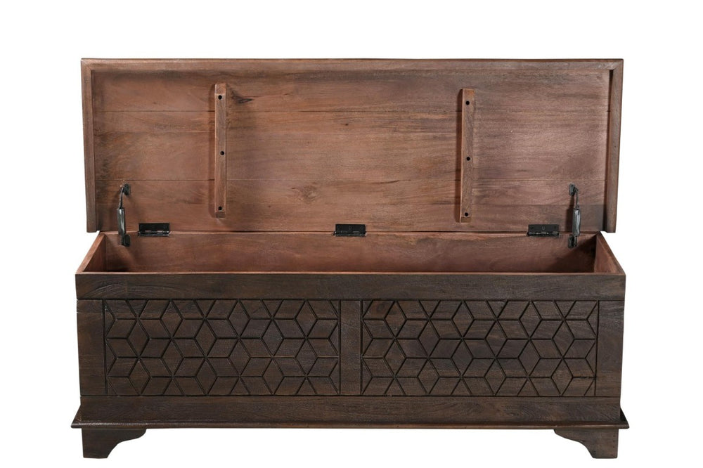 HomeRoots 52 Inch Solid Wood Geometric Storage Ottoman Spacious Boho Living Room Accent 642287