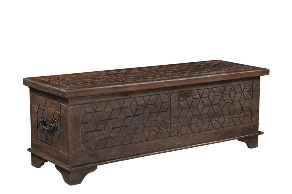 HomeRoots 52 Inch Solid Wood Geometric Storage Ottoman Spacious Boho Living Room Accent 642287