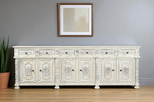 118 Inch Solid Wood Floral Carved Sideboard Six Drawers Six Doors Distressed Finish