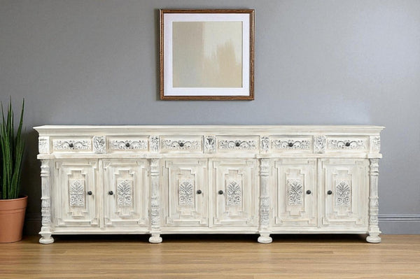 118 Inch Solid Wood Floral Carved Sideboard Six Drawers Six Doors Distressed Finish