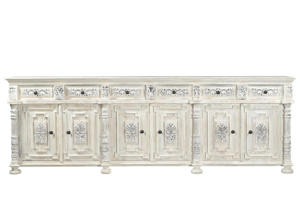 HomeRoots 118 Inch Solid Wood Floral Carved Sideboard Six Drawers Six Doors Distressed Finish 642288