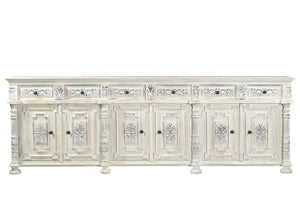 118 Inch Solid Wood Floral Carved Sideboard Six Drawers Six Doors Distressed Finish