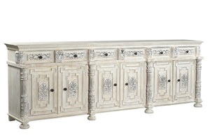 118 Inch Solid Wood Floral Carved Sideboard Six Drawers Six Doors Distressed Finish
