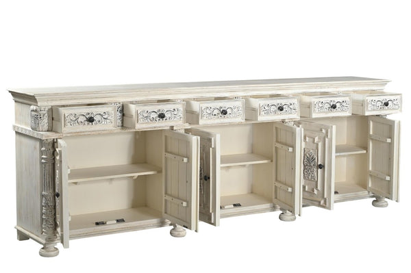 118 Inch Solid Wood Floral Carved Sideboard Six Drawers Six Doors Distressed Finish