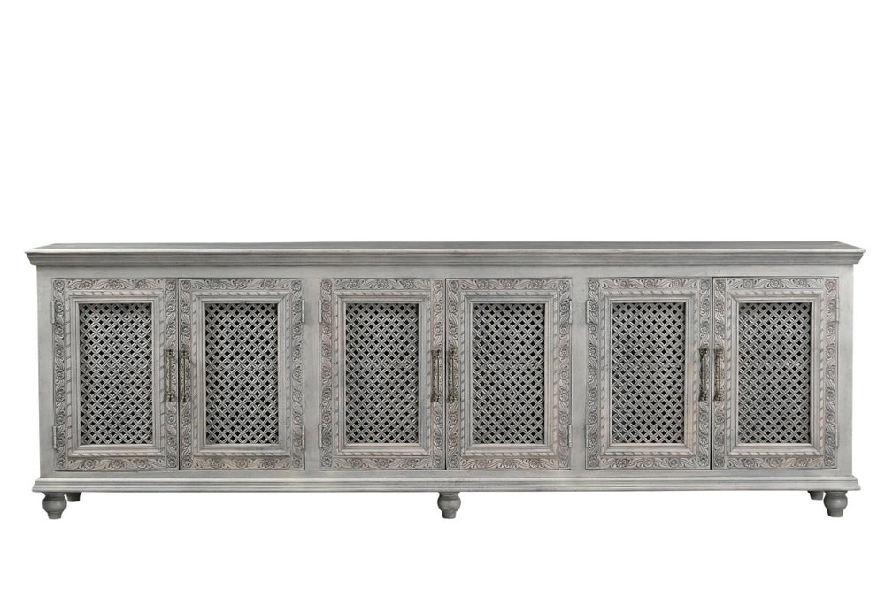 HomeRoots 111 Inch Rustic Solid Wood Floral Carved Buffet Six Door Sideboard for Dining Room Storage Gray 642289