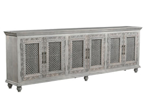111 Inch Rustic Solid Wood Floral Carved Buffet Six Door Sideboard for Dining Room Storage