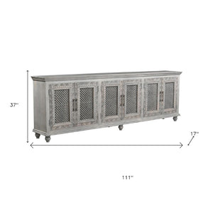 111 Inch Rustic Solid Wood Floral Carved Buffet Six Door Sideboard for Dining Room Storage
