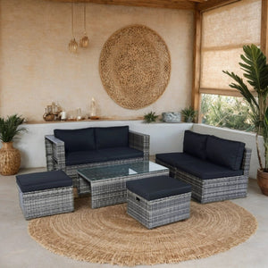 English Elm 6 Piece Patio Wicker Sectional Set with Space-Saving Nesting Design, Steel Frame, Tempered Glass Table and Weatherproof Cushions Grey+Black W329S00054