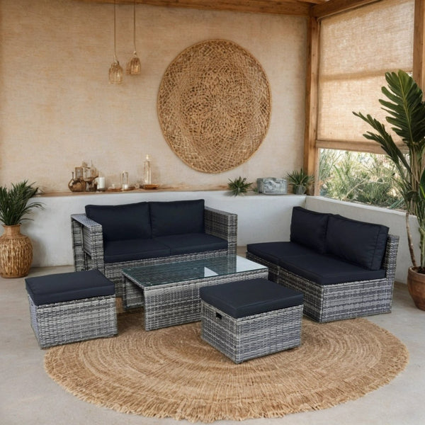 English Elm 6 Piece Patio Wicker Sectional Set with Space-Saving Nesting Design, Steel Frame, Tempered Glass Table and Weatherproof Cushions Grey+Black W329S00054