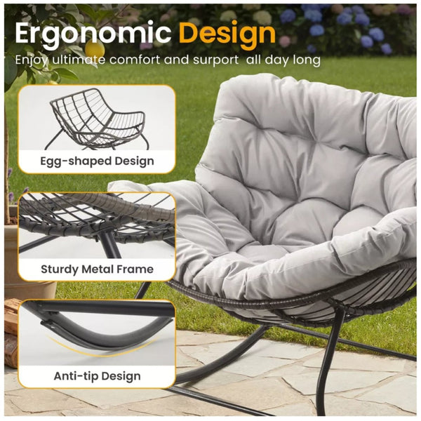 English Elm Dark Wicker Egg Rocking Chair with Ottoman Outdoor Pe Woven Patio Lounge Set Light Gray B082P455171