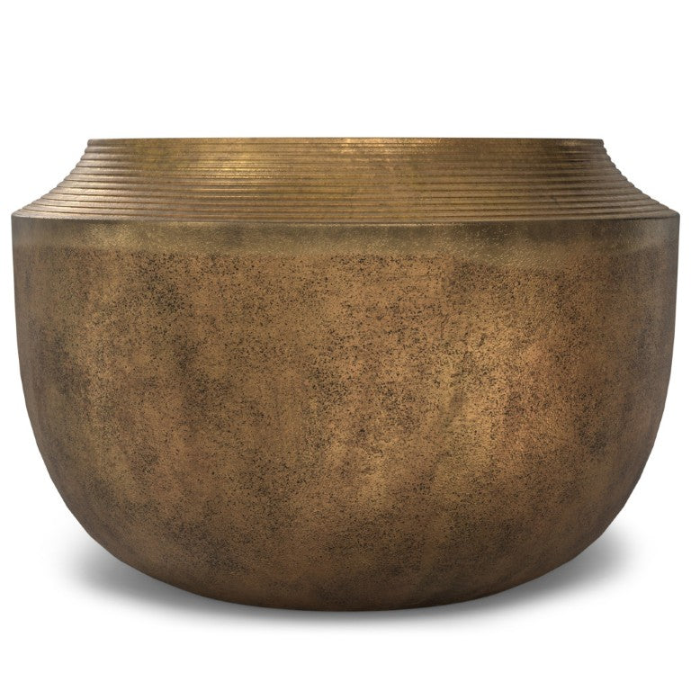 HomeRoots 13 Inch Antiqued Brass Aluminum Round Accent Table with Drum Silhouette for Living Spaces 642311