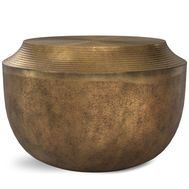 HomeRoots 13 Inch Antiqued Brass Aluminum Round Accent Table with Drum Silhouette for Living Spaces 642311