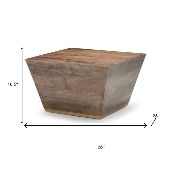 19 Inch Solid Wood Block End Table with Distressed Brass Accent Finish for Living Room