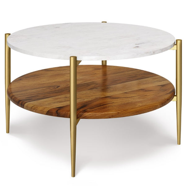 17 Inch Antiqued Brass Aluminum Frame Round Side Table with Natural Marble Top Shelf