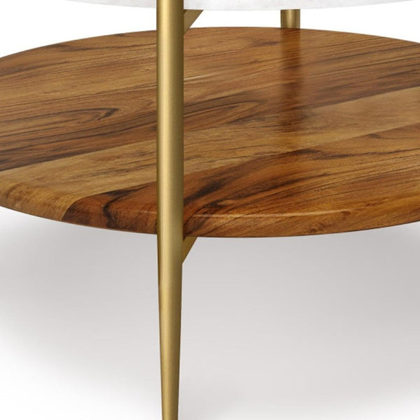 17 Inch Antiqued Brass Aluminum Frame Round Side Table with Natural Marble Top Shelf