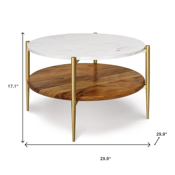 17 Inch Antiqued Brass Aluminum Frame Round Side Table with Natural Marble Top Shelf