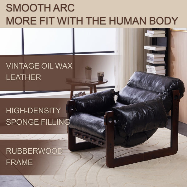 English Elm Medieval premium lounge chair with oil-waxed leather, removable cushion, mortise & tenon frame stability Antique Black W2989P328542