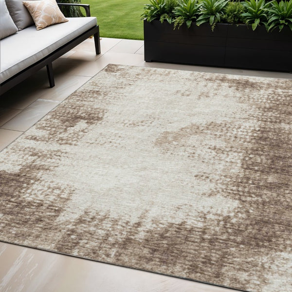 Abstract Washable Polyester Area Rug Low Pile Indoor Outdoor Brown Ivory Pattern Decor