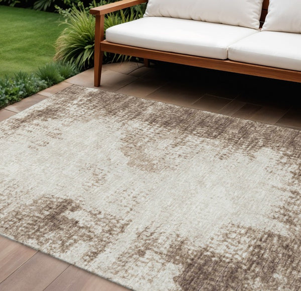 Abstract Washable Polyester Area Rug Low Pile Indoor Outdoor Brown Ivory Pattern Decor