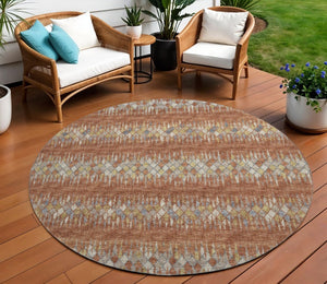 8 Ft Round Ikat Geometric Washable Indoor Outdoor Rug in Warm Cinnamon Tones
