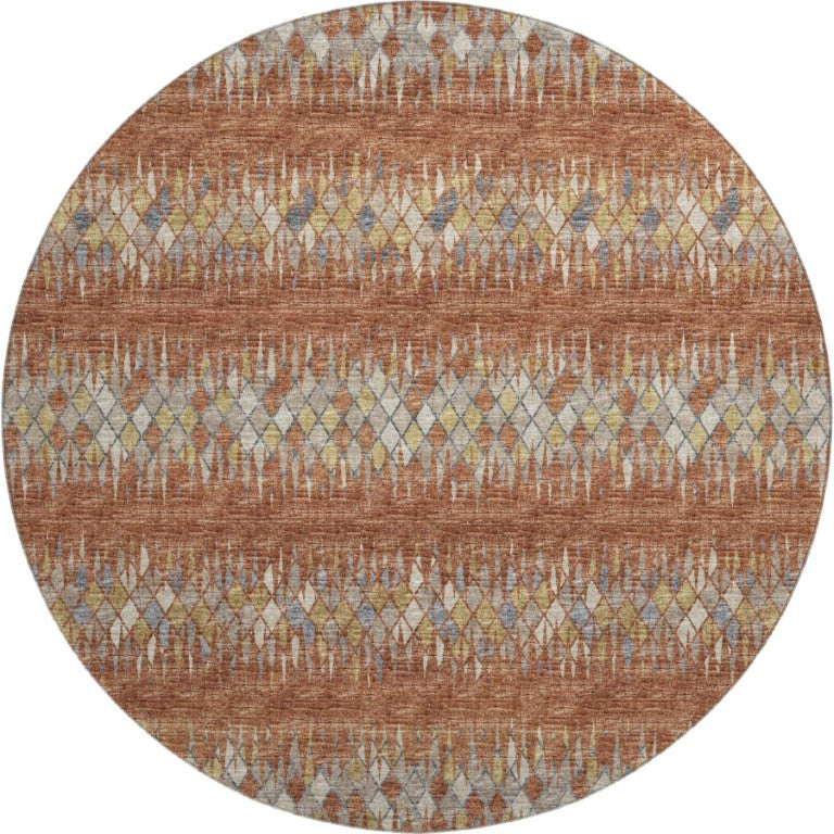 HomeRoots 8 Ft Round Ikat Geometric Washable Indoor Outdoor Rug in Warm Cinnamon Tones 642580