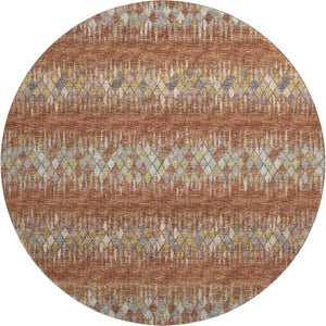 HomeRoots 8 Ft Round Ikat Geometric Washable Indoor Outdoor Rug in Warm Cinnamon Tones 642580