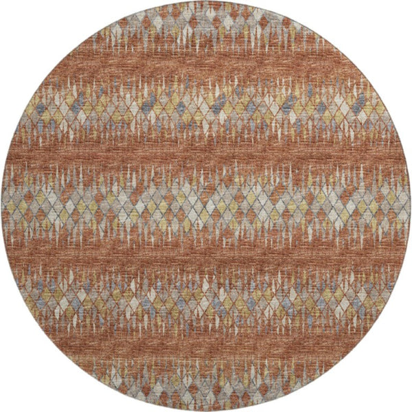 HomeRoots 8 Ft Round Ikat Geometric Washable Indoor Outdoor Rug in Warm Cinnamon Tones 642580
