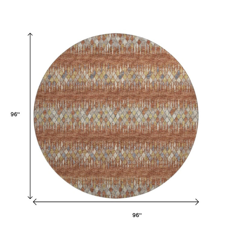 HomeRoots 8 Ft Round Ikat Geometric Washable Indoor Outdoor Rug in Warm Cinnamon Tones 642580