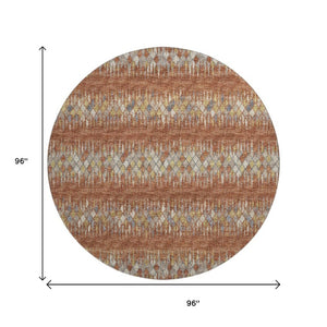 8 Ft Round Ikat Geometric Washable Indoor Outdoor Rug in Warm Cinnamon Tones
