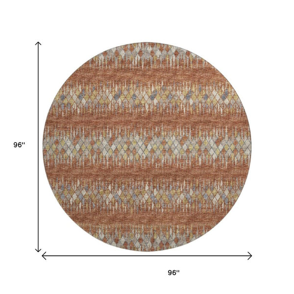8 Ft Round Ikat Geometric Washable Indoor Outdoor Rug in Warm Cinnamon Tones