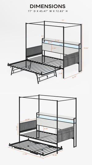 English Elm Twin Metal Daybed with Pull Out Trundle Guardrails Led Lights and Built in Charging W5026P404188