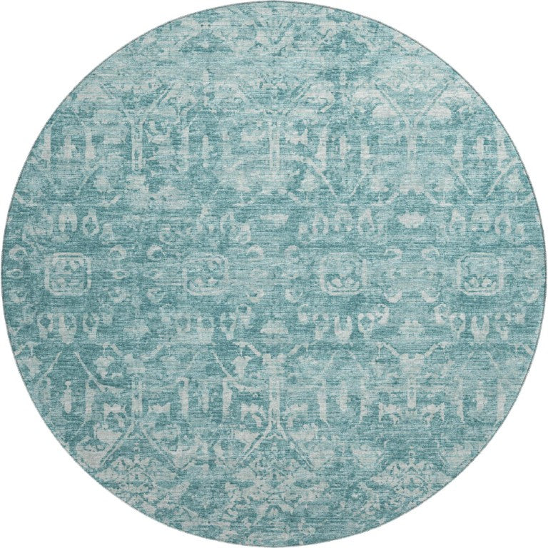 HomeRoots 8 Ft Round Damask Polyester Rug Washable Indoor Outdoor Patio Foyer Accent 642610