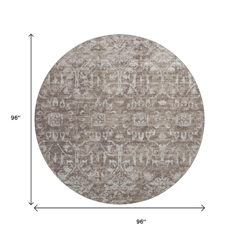 8 Ft Round Damask Indoor Outdoor Rug Washable Polyester Classic Pattern for Patio