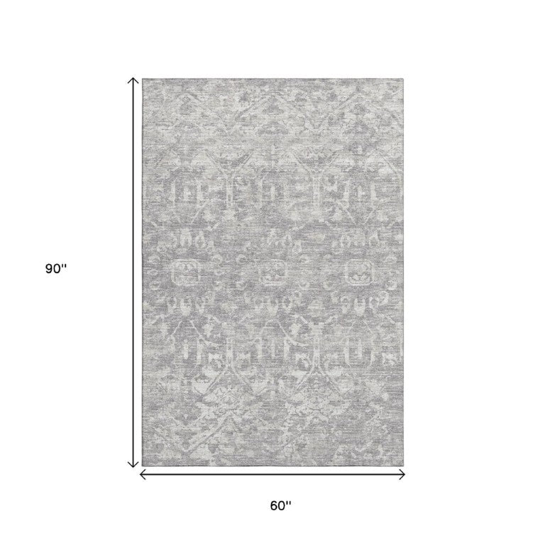 Damask Washable Polyester Area Rug Stain Resistant Low Pile for Indoor Outdoor Decor