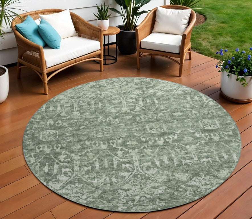 8 Foot Round Damask Polyester Rug Green Ivory Washable Indoor Outdoor Patio