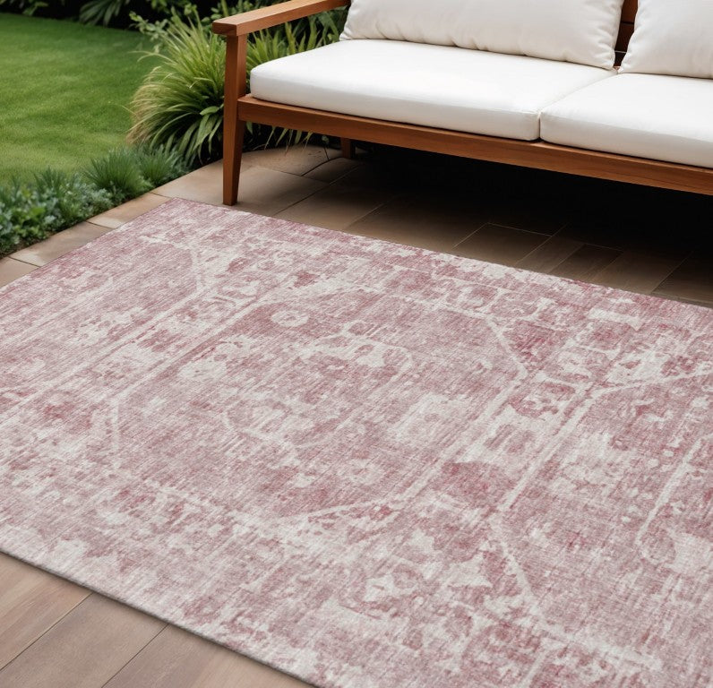 Pink Ivory Tribal Polyester Area Rug Washable Low Pile for Indoor Outdoor Spaces