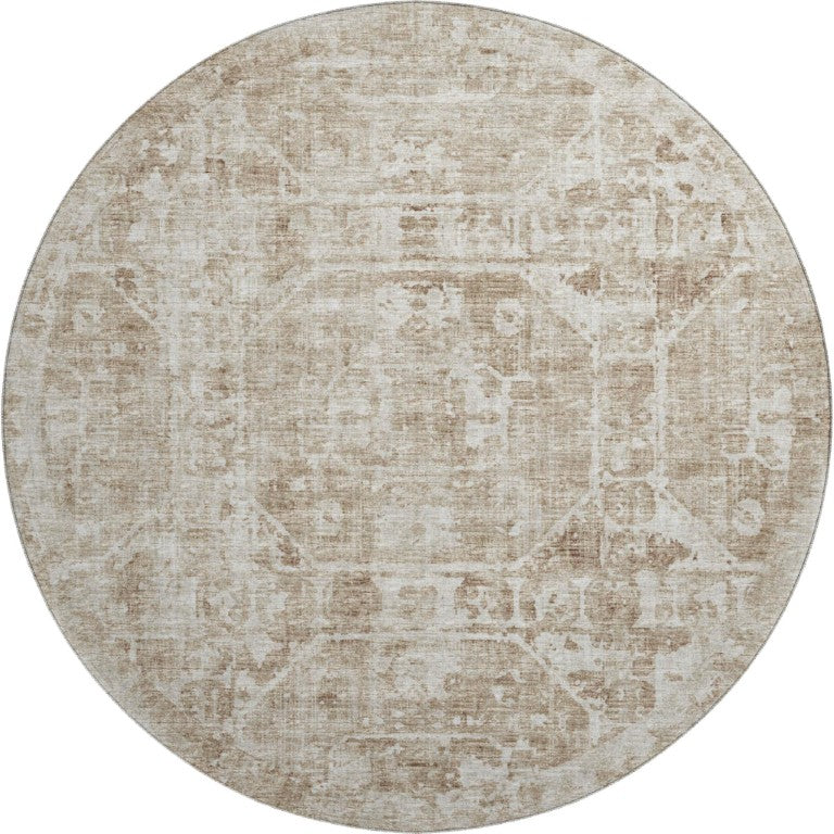 HomeRoots 8 Ft Round Tribal Geometric Polyester Rug Washable for Indoor Outdoor Spaces 642664