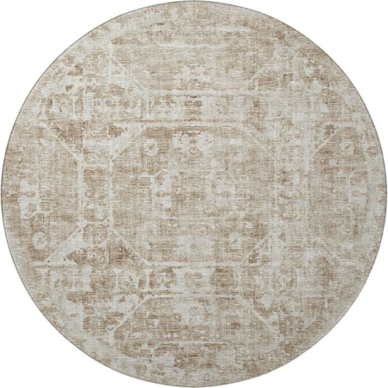 HomeRoots 8 Ft Round Tribal Geometric Polyester Rug Washable for Indoor Outdoor Spaces 642664